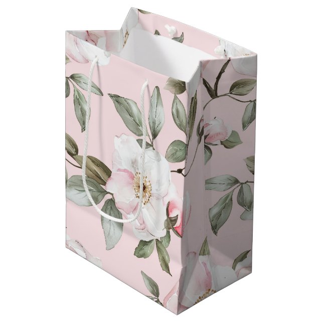 Sac Cadeau Moyen Jolie Fête des mariées rose Fleurs blanches (Devant Angle)