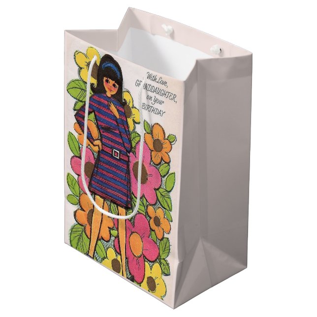 Sac Cadeau Moyen Jolie fille ado rétro Joyeux anniversaire Grande f (Devant Angle)