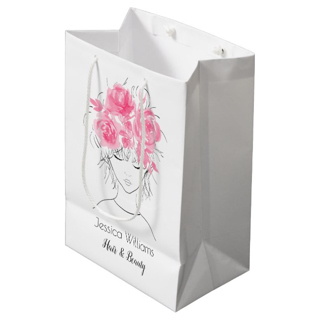 Sac Cadeau Moyen Jolie fille avec aquarelle rose rose-Floral (Devant Angle)