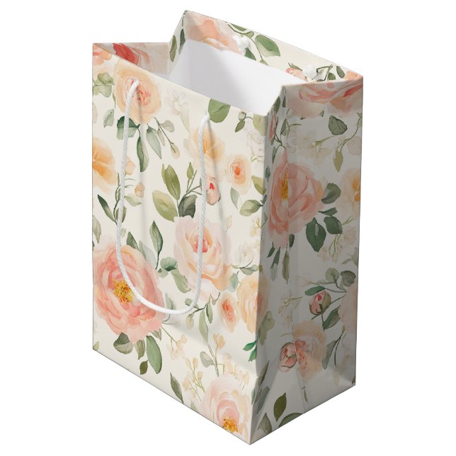 Sac Cadeau Moyen Jolie Fleurs de Pêche Shower de Mariée (Devant Angle)