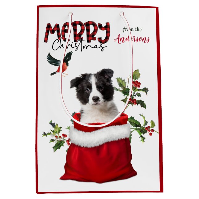 Sac Cadeau Moyen Jolie frontière Collie Chien chiot Noël (Devant)