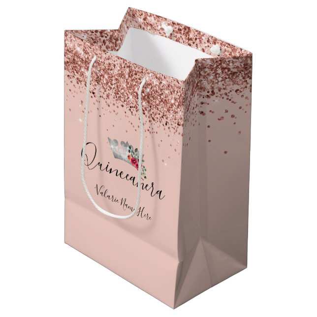 Sac Cadeau Moyen Jolie Parties scintillant rose Quinceanera (Devant Angle)