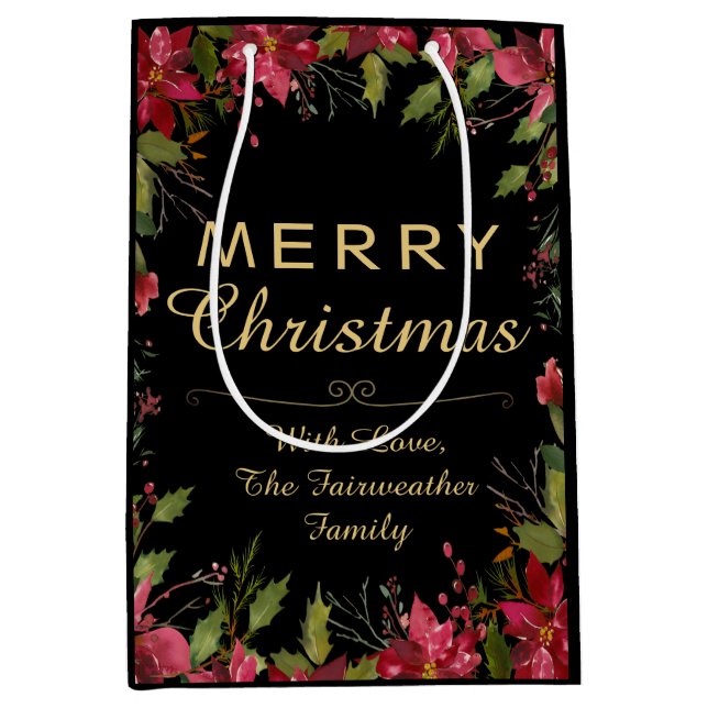 Sac Cadeau Moyen Jolie Poinsettia Rouge Classique Noël (Devant)