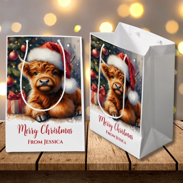 Sac Cadeau Moyen Jolie vache de Noël Highland (Créateur téléchargé)