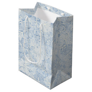 Sac Cadeau Moyen Jolies Fleurs Blanches et Bleues Baby Shower Maria