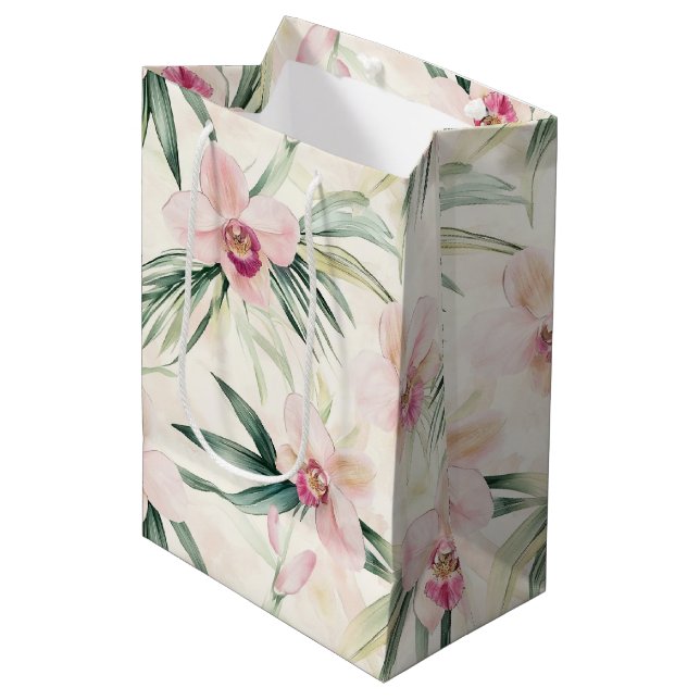 Sac Cadeau Moyen Jolies fleurs d'orchidées tropicales roses Shower  (Devant Angle)