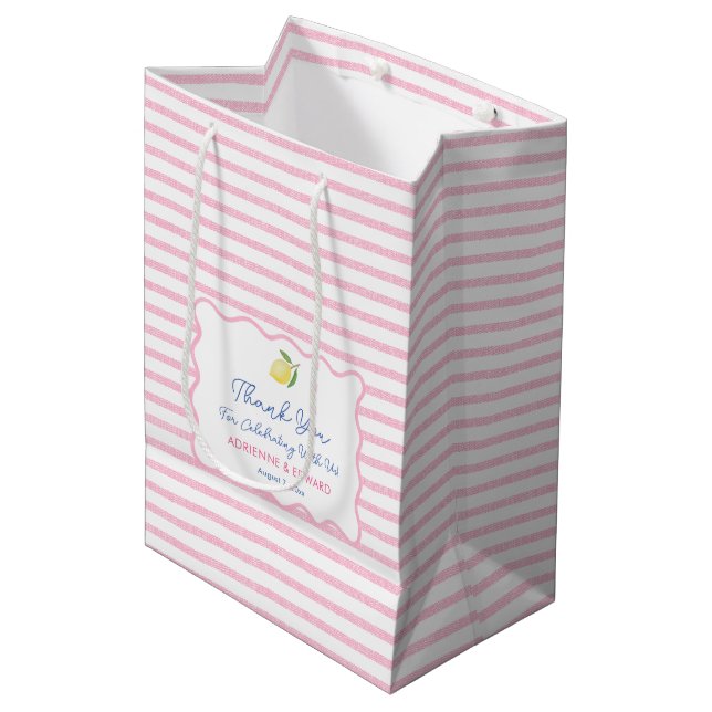 Sac Cadeau Moyen Jolies Remerciements de Mariage aux Citrons Rose D (Devant Angle)