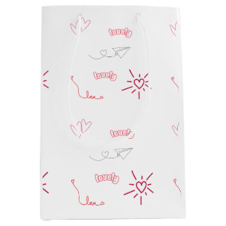 Sac Cadeau Moyen Jolis cœurs roses et gribouillis d'amour en motif