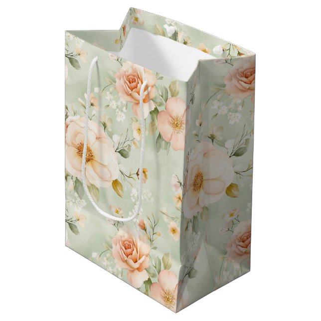 Sac Cadeau Moyen Jolis Roses Floraux de Pêche Menthe pour Mariage (Devant Angle)