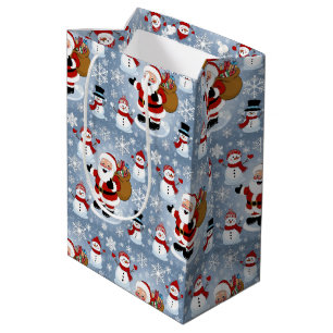 Sac Cadeau Moyen Jolly Santa Claus et Snowmen Motif de Noël