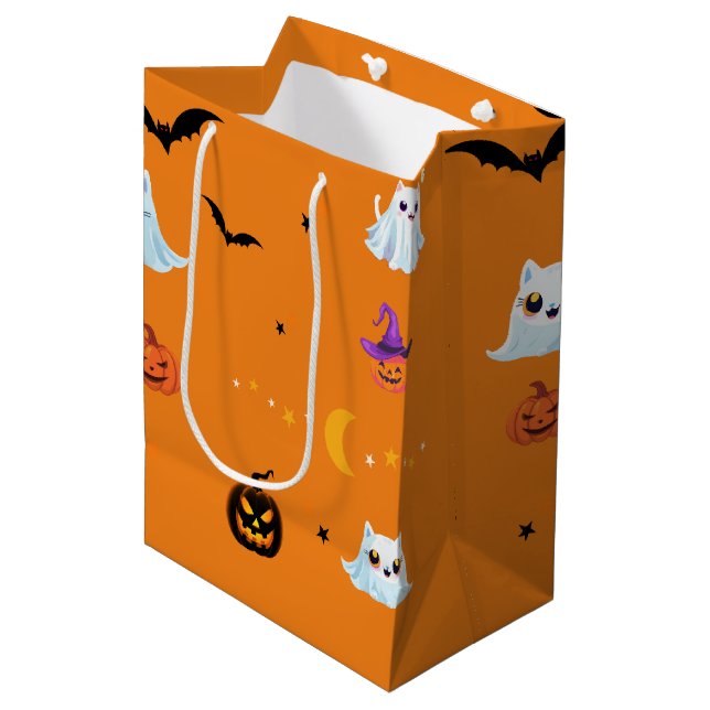 Sac Cadeau Moyen Jote Cat feuille fantôme Halloween citrouille fête (Devant Angle)