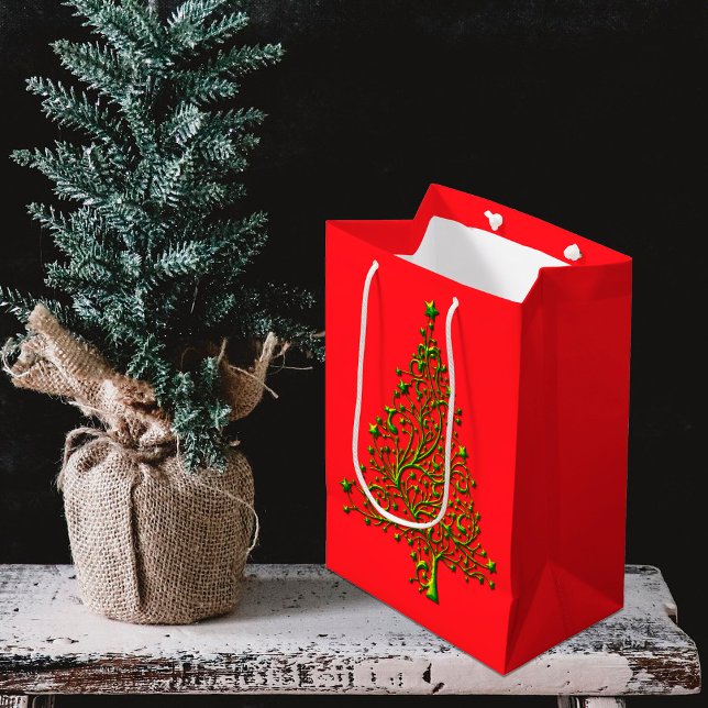 Sac Cadeau Moyen Jour de Noël vert métal moderne (Modern Metallic Green Christmas Tree Red Holiday Gift Bag)