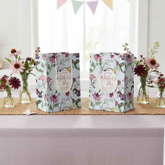 Sac Cadeau Moyen Jour des mères joyeux Bleu Joyeux Jardin des colib (Colorful Hummingbird & Flowers Gift Bag for Her. Cute Blue Hummingbirds Floral Mother's Day Pattern)