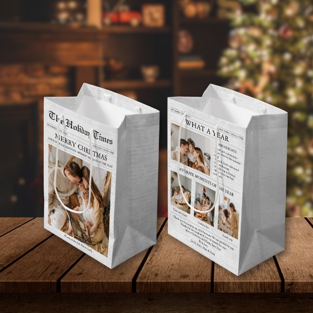 Sac Cadeau Moyen Journal Noël Newsletter Photo Collage (Christmas Newspaper Custom Gift Bag with Photos)