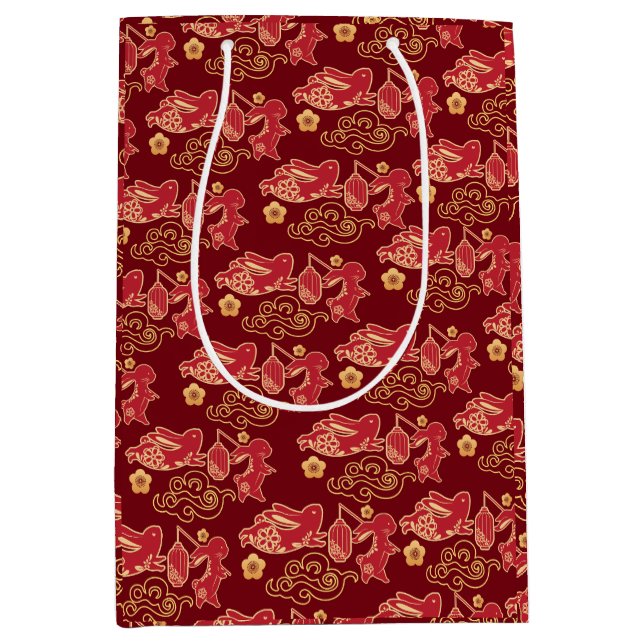 Sac Cadeau Moyen Joyeuse année du lapin chinois Rouge or luxe (Devant)