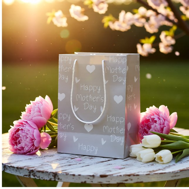 Sac Cadeau Moyen Joyeuse Fête des Mères Élégant Script Gris (Happy Mother's Day Elegant Grey Script Medium Gift Bag)