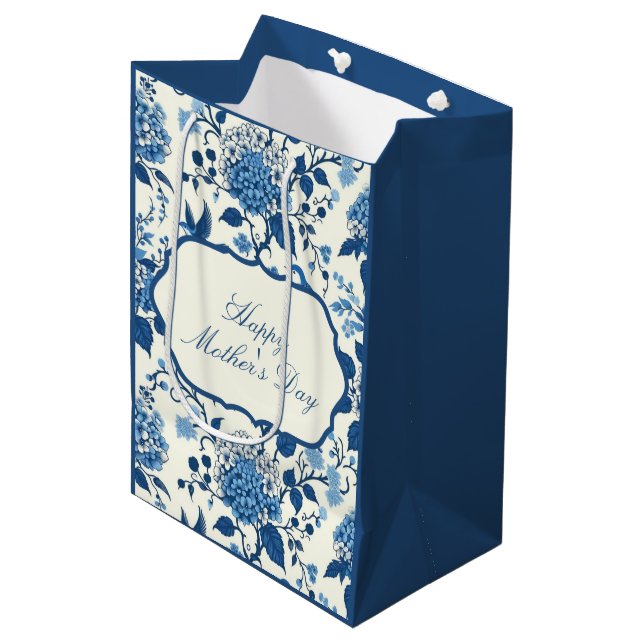 Sac Cadeau Moyen Joyeuse Fête des Mères Élégante Chinoiserie Bleue  (Devant Angle)