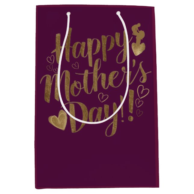 Sac Cadeau Moyen Joyeuse Fête des Mères Or Cœur Script (Devant)