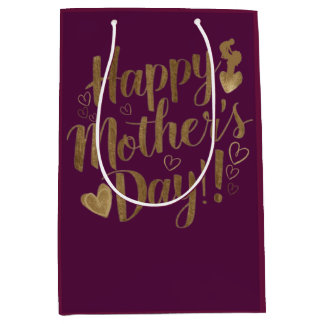 Sac Cadeau Moyen Joyeuse Fête des Mères Or Écriture Cœurs sur Borde