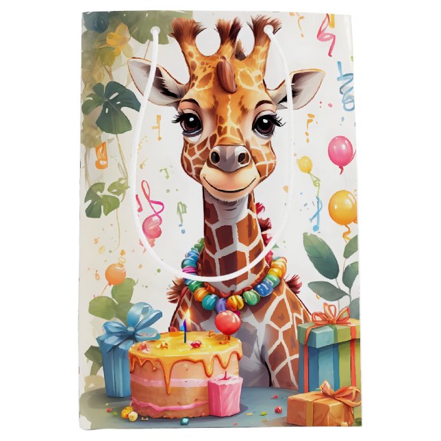 Sac Cadeau Moyen Joyeuse Giraffe avec cadeaux et gâteau | (Devant)