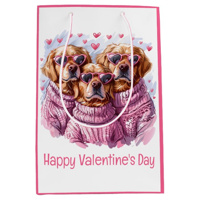 Sac Cadeau Moyen Joyeuse Saint-Valentin Chiens Retriever Dore (Devant)