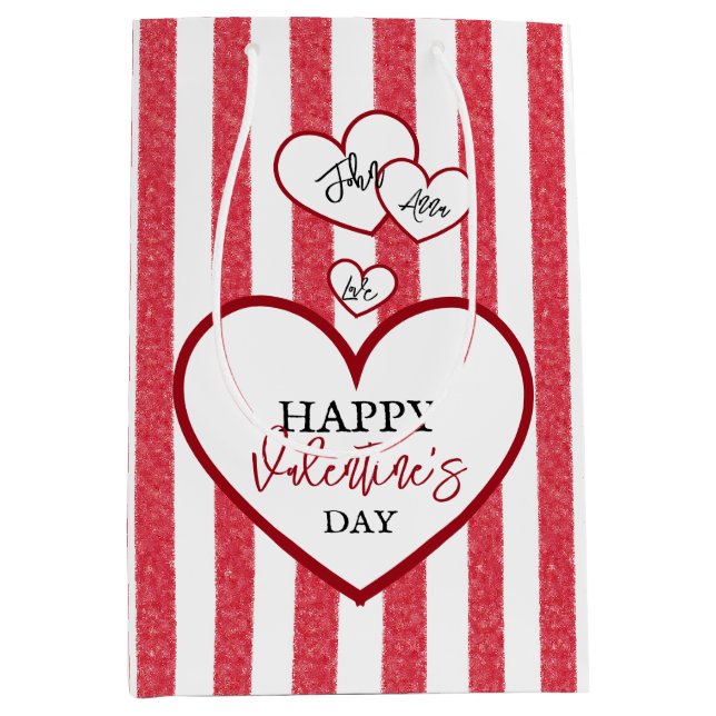 Sac Cadeau Moyen Joyeuse Saint-Valentin Cœurs Craie Rayures (Devant)