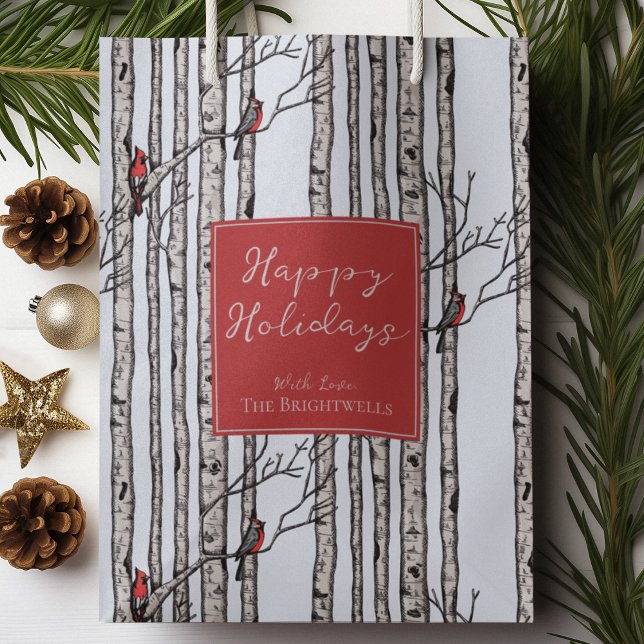 Sac Cadeau Moyen Joyeuses Fêtes Cardinales Rouges Forêt de Birch (Pretty and Modern Hand Drawn Red Cardinals on Birch Tree Branches in Black Ink on a Blue Background.)