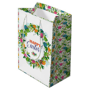Sac Cadeau Moyen Joyeuses fleurs et oeufs colorés de Pâques Wreath