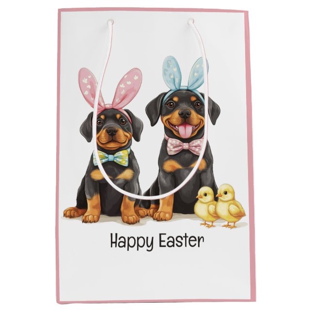 Sac Cadeau Moyen Joyeuses Pâques Rottweiler Chiens Oreilles de Lapi (Devant)