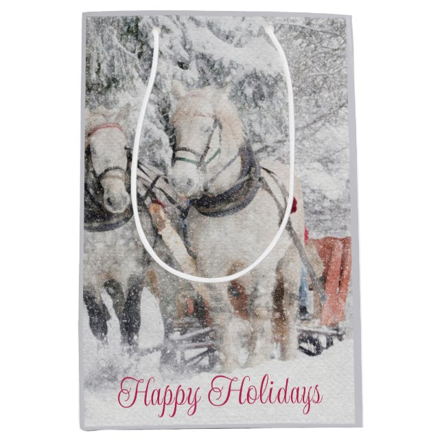 Sac Cadeau Moyen Joyeuses vacances Hivernal Chevaux de neige Sleigh (Devant)