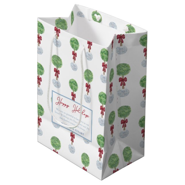 Sac Cadeau Moyen Joyeuses vacances Preppy Topiary Tree Merci (Devant Angle)
