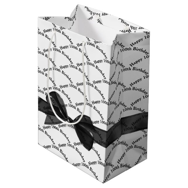 Sac Cadeau Moyen Joyeux 100e anniversaire noir Bow sur blanc (Dos Angle)