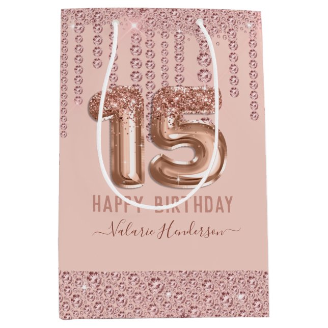 Sac Cadeau Moyen Joyeux 15e anniversaire des gouttes de diamant ros (Devant)