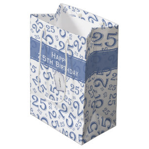 Sac Cadeau Moyen Joyeux 25e anniversaire Numéro Motif Bleu et blanc