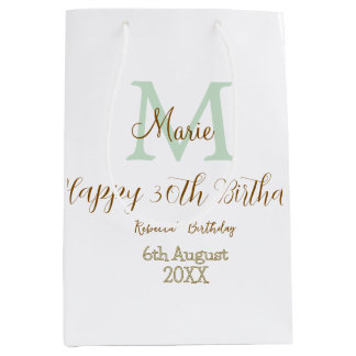 Sac Cadeau Moyen Joyeux 30e Anniversaire monogramme pastel vert dor