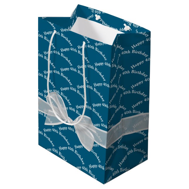 Sac Cadeau Moyen Joyeux 40e anniversaire Bow blanc sur bleu (Dos Angle)