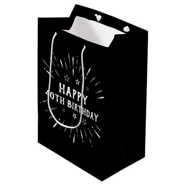 Sac Cadeau Moyen Joyeux 40e anniversaire feux d'artifice noir blanc (Devant Angle)