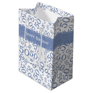 Sac Cadeau Moyen Joyeux 50e anniversaire Numéro Motif Bleu/Blanc