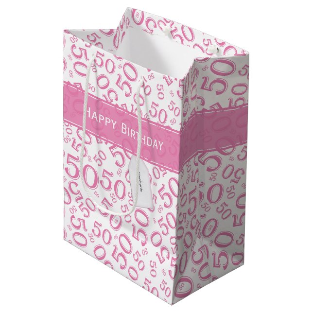 Sac Cadeau Moyen Joyeux 50e anniversaire Numéro Motif rose/blanc (Devant Angle)