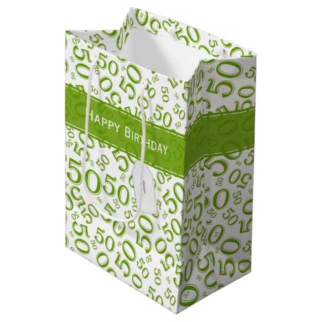 Sac Cadeau Moyen Joyeux 50e anniversaire Numéro Motif Vert/Blanc (Devant Angle)
