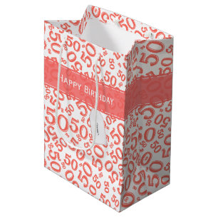 Sac Cadeau Moyen Joyeux 50e anniversaire Random Motif Coral/Blanc