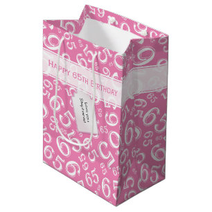 Sac Cadeau Moyen Joyeux 65e anniversaire Numéro Motif rose et blanc