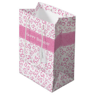 Sac Cadeau Moyen Joyeux Anniversaire Âge 55 Numéro Motif Rose/Blanc