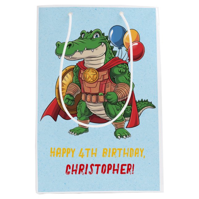 Sac Cadeau Moyen Joyeux anniversaire Alligator Superhero fête d'ann (Devant)