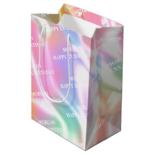 Sac Cadeau Moyen Joyeux Anniversaire, Année & Nom Texte blanc, Irid
