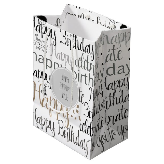 Sac Cadeau Moyen Joyeux Anniversaire Blanc   (Devant Angle)