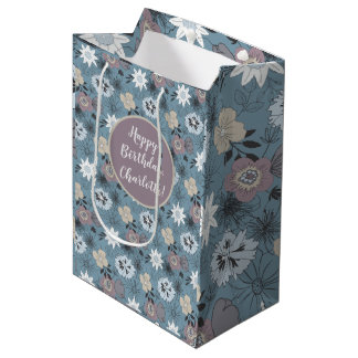 Sac Cadeau Moyen Joyeux Anniversaire Bleu Rose Motif Floral Stylish