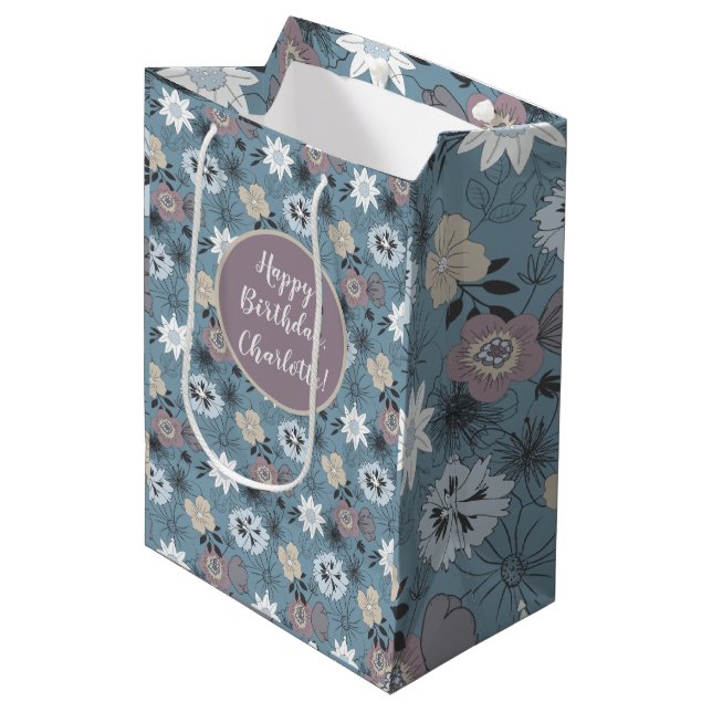 Sac Cadeau Moyen Joyeux Anniversaire Bleu Rose Motif Floral Stylish (Devant Angle)