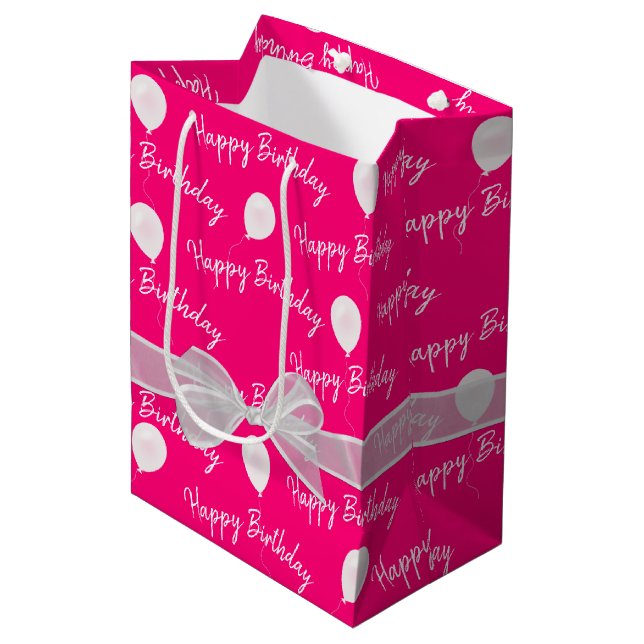 Sac Cadeau Moyen Joyeux Anniversaire Bow et Ballons (Devant Angle)