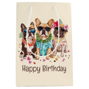 Sac Cadeau Moyen Joyeux Anniversaire Bulldogs Français Hawaïens Fle